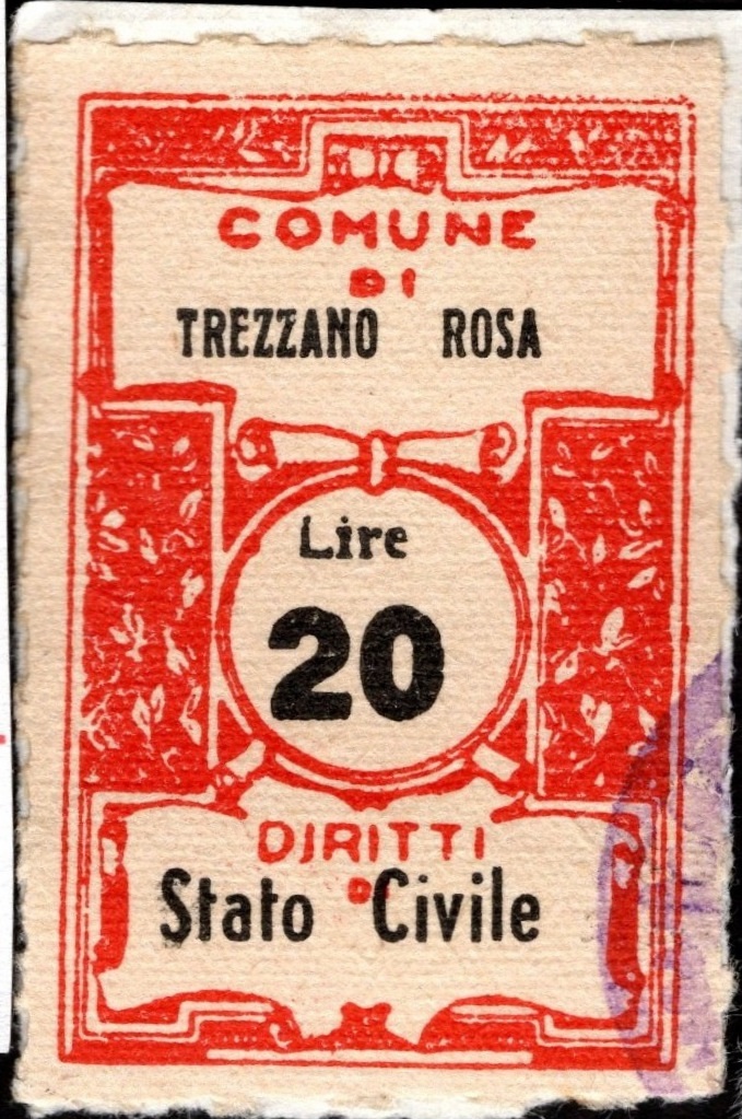 Marca da Bollo del Comune di TREZZANO ROSA su Carta Bianca di dimensioni 22 x 32 mm