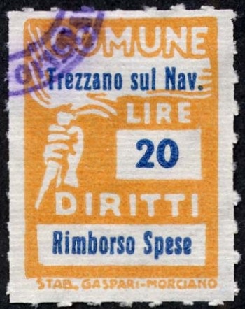 Marca da Bollo del Comune di TREZZANO SUL NAVIGLIO su Carta Bianca di dimensioni 18,5 x 26 mm