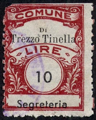 Marca da Bollo del Comune di TREZZO TINELLA su Carta Bianca Sottile di dimensioni 18,5 x 22,5 mm