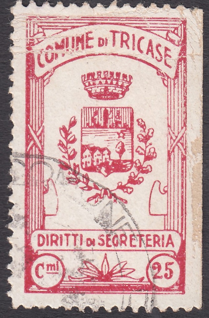 Marca da Bollo del Comune di TRICASE su Carta Bianca di dimensioni 21 x 36 mm