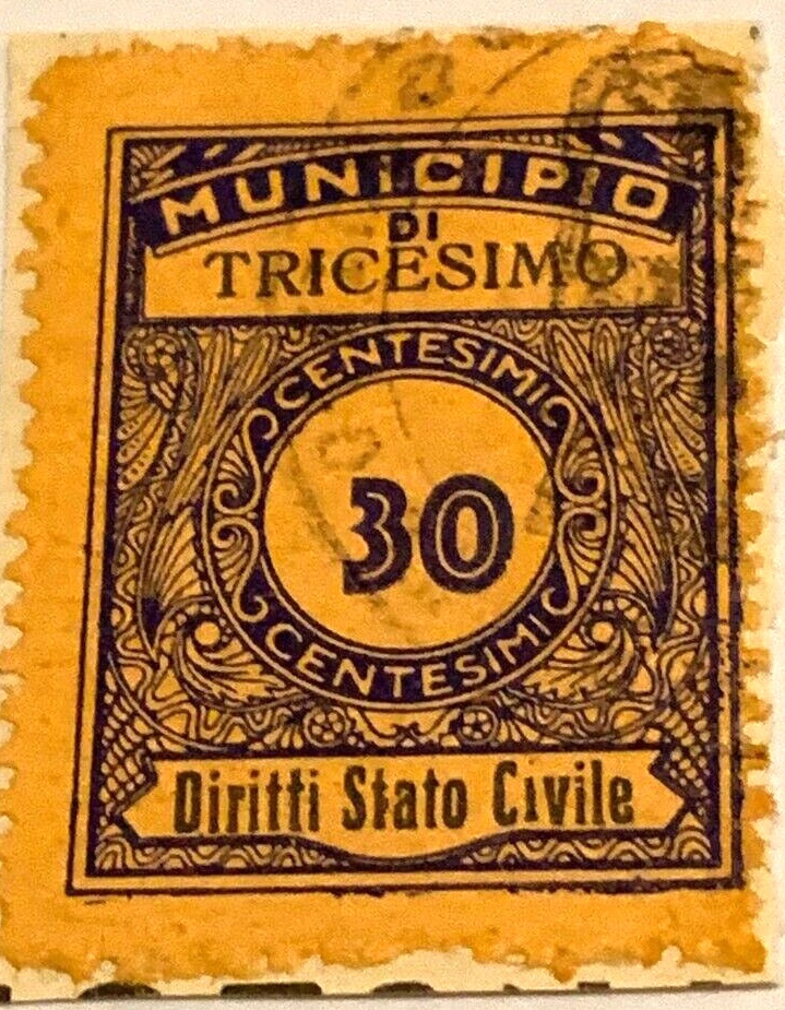 Marca da Bollo del Comune di TRICESIMO su Carta Bianca di dimensioni 22,5 x 29 mm