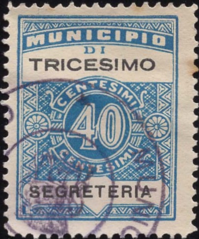 Marca da Bollo del Comune di TRICESIMO su Carta Bianca di dimensioni 23 x 29 mm