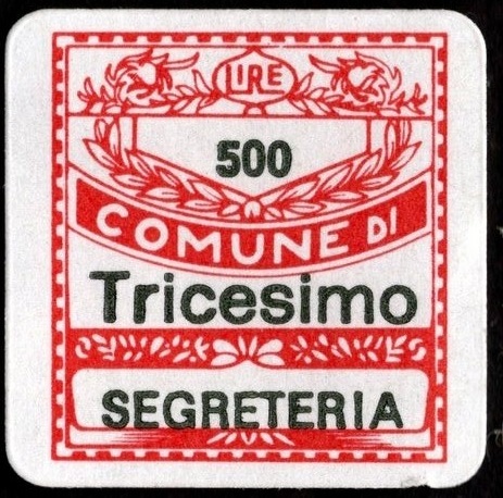 Marca da Bollo del Comune di TRICESIMO su Carta Bianca di dimensioni 20 x 20 mm