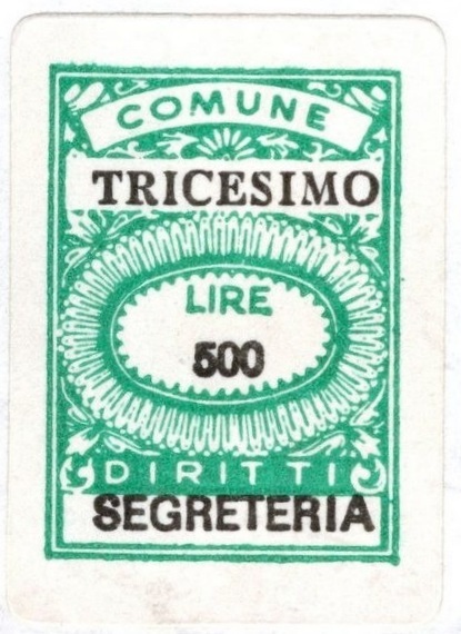 Marca da Bollo del Comune di TRICESIMO su Carta Bianca di dimensioni 20 x 25 mm