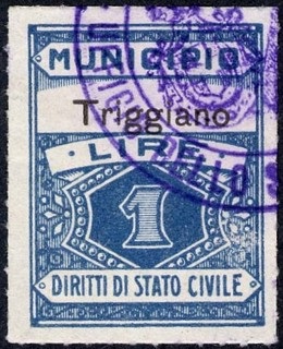 Marca da Bollo del Comune di TRIGGIANO su Carta Bianca di dimensioni 22 x 29 mm