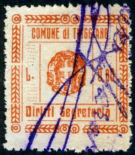 Marca da Bollo del Comune di TRIGGIANO su Carta Bianca Sottile di dimensioni 27 x 28 mm