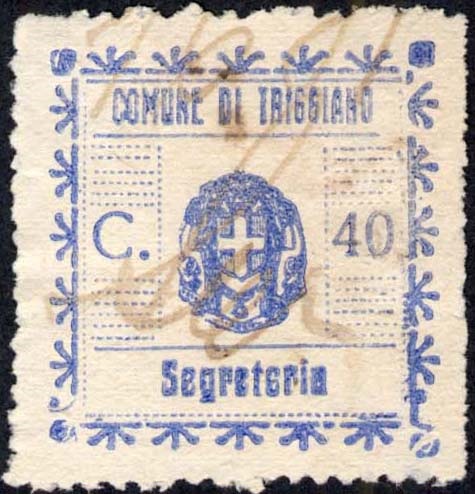 Marca da Bollo del Comune di TRIGGIANO su Carta Bianca Sottile di dimensioni 27 x 28 mm