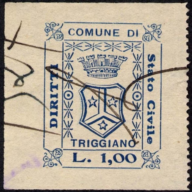 Marca da Bollo del Comune di TRIGGIANO su Carta Bianca Sottile di dimensioni 24 x 29 mm