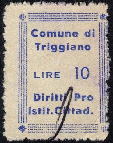 Marca da Bollo del Comune di TRIGGIANO su Carta Bianca di dimensioni 18 X 25,5 mm