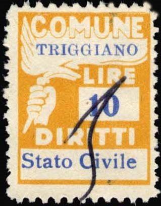 Marca da Bollo del Comune di TRIGGIANO su Carta Bianca di dimensioni 18 x 25 mm