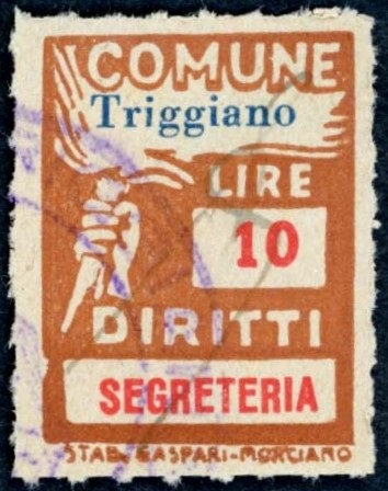 Marca da Bollo del Comune di TRIGGIANO su Carta Bianca Sottile di dimensioni 18,5 x 26,5 mm