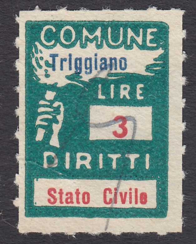 Marca da Bollo del Comune di TRIGGIANO su Carta Bianca di dimensioni 18,5 x 25 mm