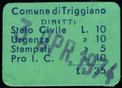 Marca da Bollo del Comune di TRIGGIANO su Carta Bianca di dimensioni 19 x 21,5 mm