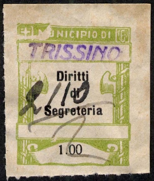 Marca da Bollo del Comune di TRISSINO su Carta Bianca Sottile di dimensioni 18 x 28 mm