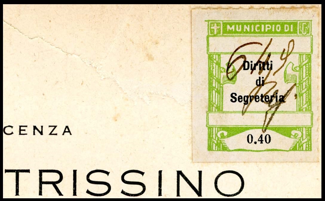 Marca da Bollo del Comune di TRISSINO su Carta Bianca Sottile di dimensioni 18 x 28 mm