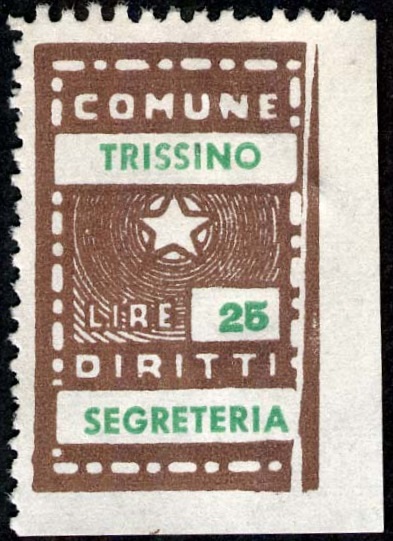 Marca da Bollo del Comune di TRISSINO su Carta Bianca di dimensioni 19,5 x 31,5 mm