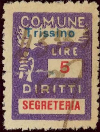 Marca da Bollo del Comune di TRISSINO su Carta Bianca di dimensioni 18,5 x 26 mm