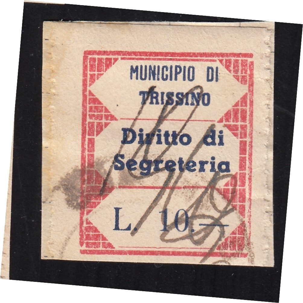 Marca da Bollo del Comune di TRISSINO su Carta Bianca di dimensioni 21 x 29 mm
