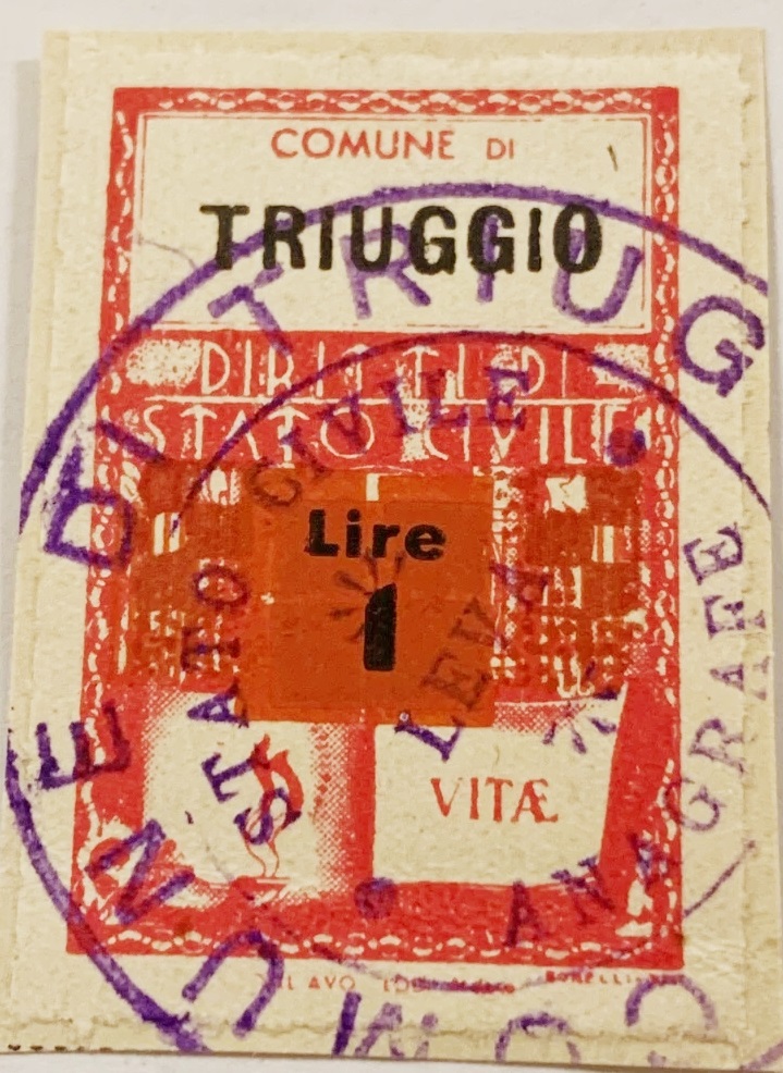 Marca da Bollo del Comune di TRIUGGIO su Carta Bianca di dimensioni 21 X 33,5 mm