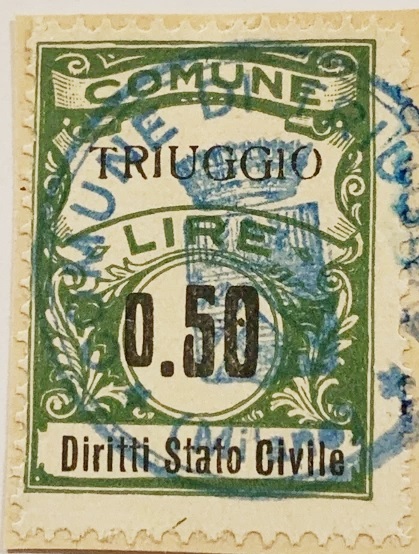 Marca da Bollo del Comune di TRIUGGIO su Carta Bianca di dimensioni 22 x 29 mm