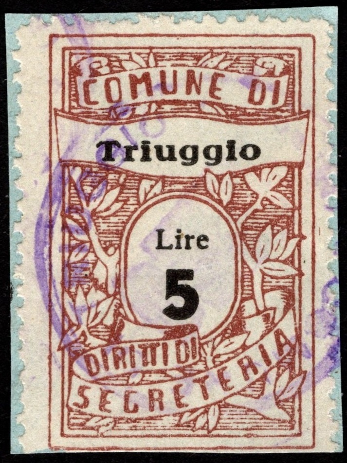 Marca da Bollo del Comune di TRIUGGIO su Carta Bianca di dimensioni 22 x 35 mm