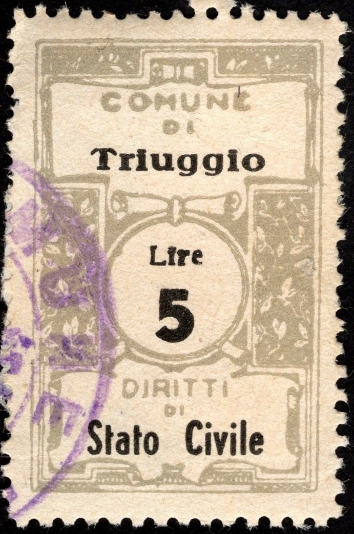 Marca da Bollo del Comune di TRIUGGIO su Carta Bianca di dimensioni 22 x 35 mm