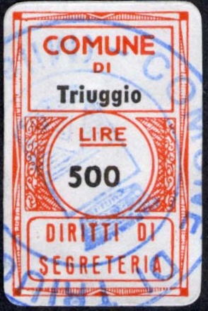 Marca da Bollo del Comune di TRIUGGIO su Carta Bianca di dimensioni 16,5 x 27,5 mm