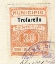 Marca da Bollo del Comune di TROFARELLO su Carta Bianca di dimensioni 22 x 29 mm