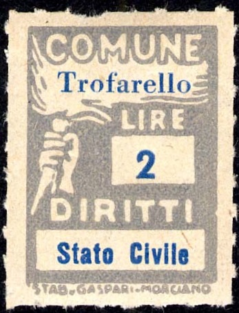 Marca da Bollo del Comune di TROFARELLO su Carta Bianca di dimensioni 18,5 x 26 mm