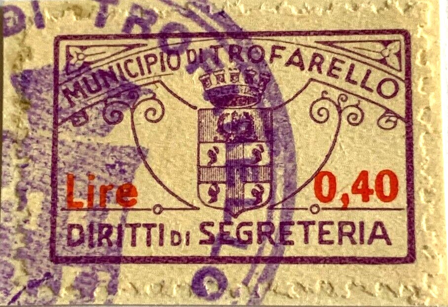 Marca da Bollo del Comune di TROFARELLO su Carta Bianca di dimensioni 26 x 18 mm