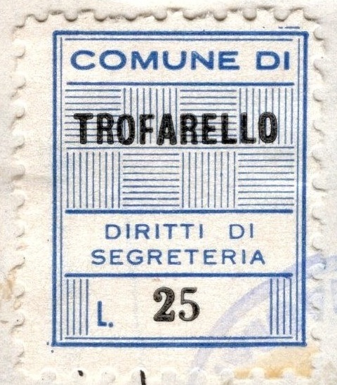 Marca da Bollo del Comune di TROFARELLO su Carta Bianca di dimensioni 22 x 28 mm