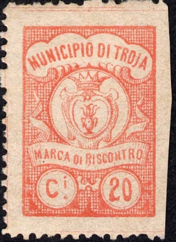 Marca da Bollo del Comune di TROIA su Carta Bianca Sottile di dimensioni 18 x 26 mm