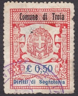 Marca da Bollo del Comune di TROIA su Carta Bianca Sottile di dimensioni 26 x 35 mm
