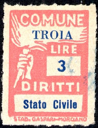 Marca da Bollo del Comune di TROIA su Carta Bianca di dimensioni 18,5 x 26 mm