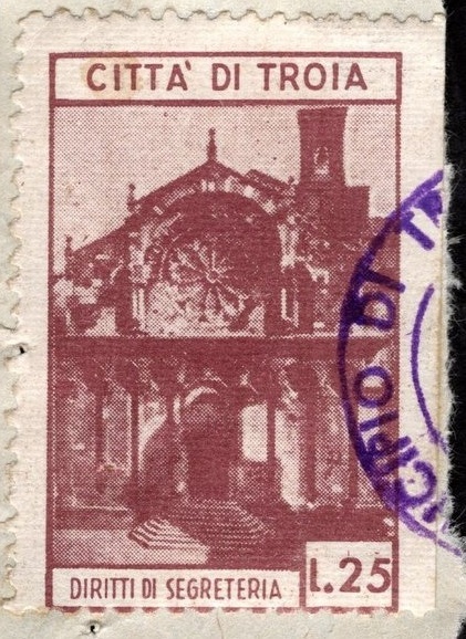 Marca da Bollo del Comune di TROIA su Carta Bianca Sottile di dimensioni 22,5 x 36,5 mm