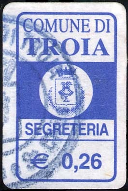 Marca da Bollo del Comune di TROIA su Carta Bianca di dimensioni 15,5 x 22 mm