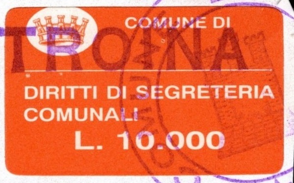 Marca da Bollo del Comune di TROINA su Carta Bianca di dimensioni 22 x 18 mm