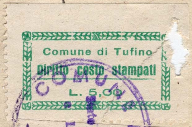 Marca da Bollo del Comune di TUFINO su Carta Bianca di dimensioni mm