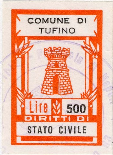 Marca da Bollo del Comune di TUFINO su Carta Bianca di dimensioni 20,5 x 30,5 mm
