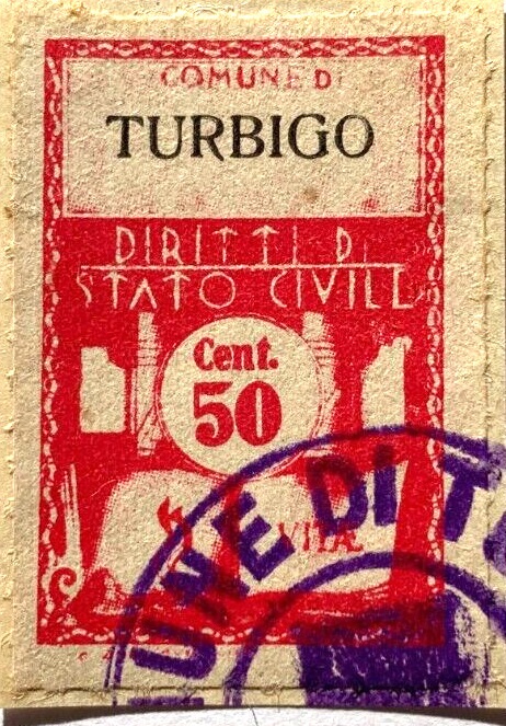 Marca da Bollo del Comune di TURBIGO su Carta Bianca di dimensioni 21 X 32 mm