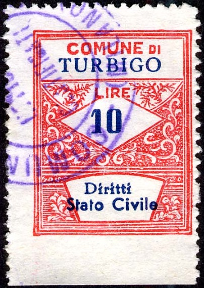 Marca da Bollo del Comune di TURBIGO su Carta Bianca Sottile di dimensioni 22 x 28 mm