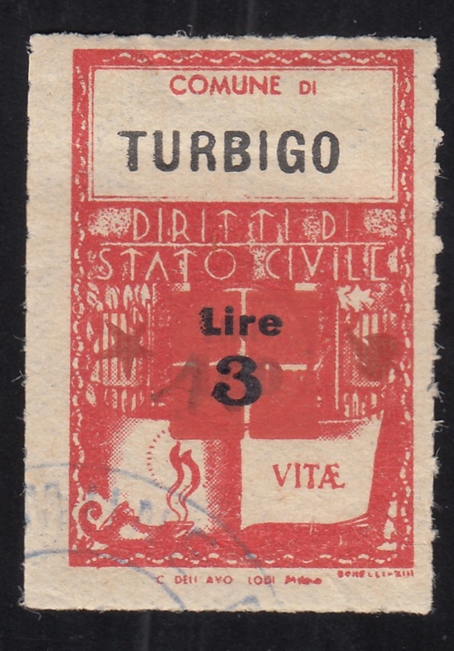 Marca da Bollo del Comune di TURBIGO su Carta Bianca Sottile di dimensioni 22 X 33 mm