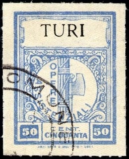 Marca da Bollo del Comune di TURI su Carta Bianca Sottile di dimensioni 21,5 x 29,5 mm