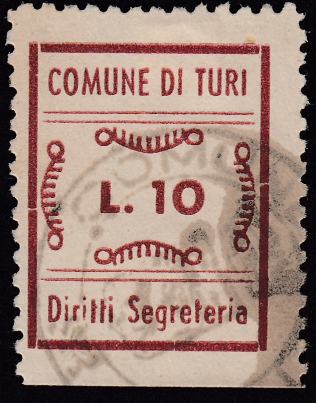 Marca da Bollo del Comune di TURI su Carta Bianca Sottile di dimensioni 19 x 25 mm