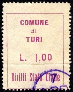 Marca da Bollo del Comune di TURI su Carta Bianca di dimensioni 19 x 24 mm