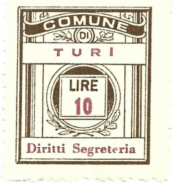 Marca da Bollo del Comune di TURI su Carta Bianca di dimensioni 21 x 24,5 mm
