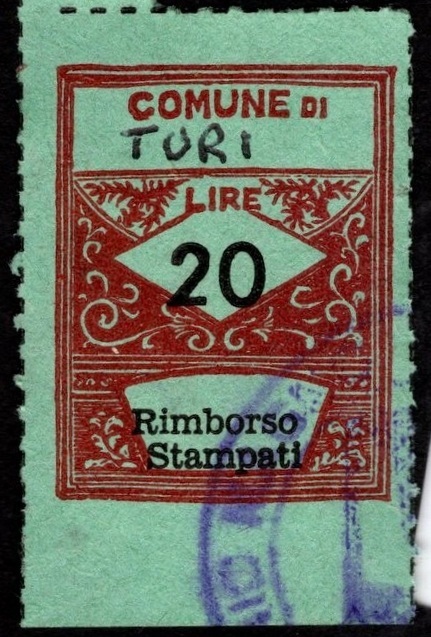 Marca da Bollo del Comune di TURI su Carta Colorata di dimensioni 21 X 32 mm