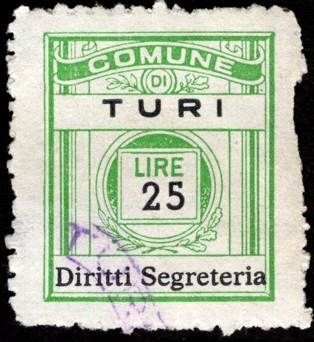 Marca da Bollo del Comune di TURI su Carta Bianca di dimensioni 21 X 27 mm
