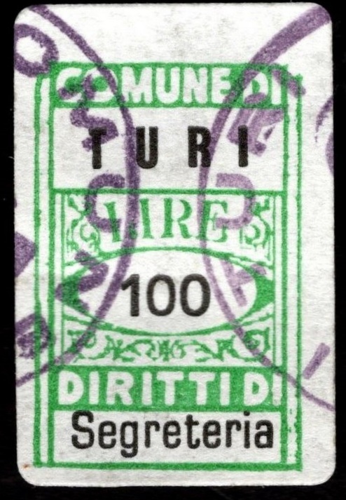 Marca da Bollo del Comune di TURI su Carta Bianca di dimensioni 15 x 23 mm