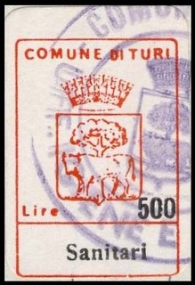 Marca da Bollo del Comune di TURI su Carta Bianca di dimensioni 14,5 x 34 mm